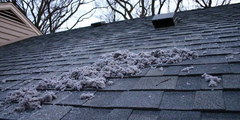 The roof of a house with a roof dryer vent protruding from it. There is a pile of lint in front of the vent.