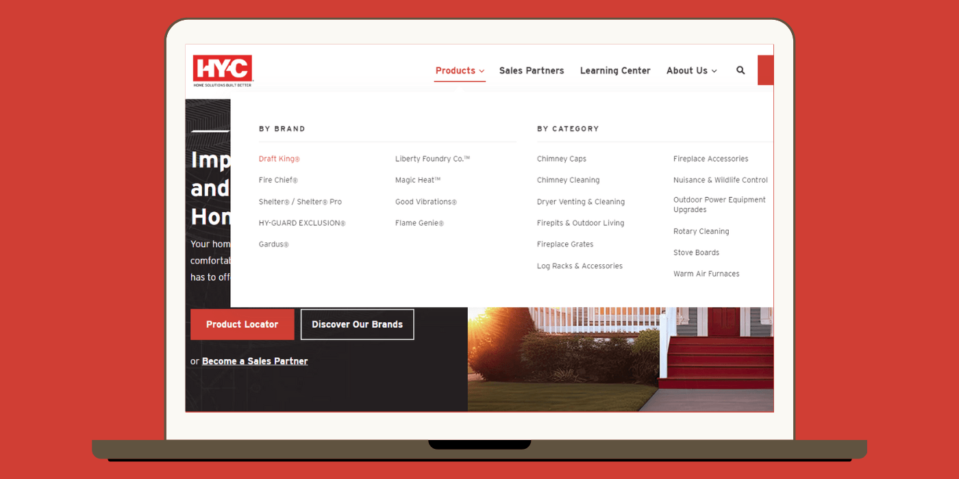 A laptop computer against a red background. On its screen is the dropdown navigation menu in front of the homepage of HY-C.com.