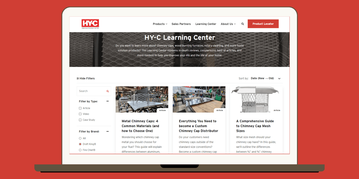 A laptop computer against a red background. Its screen shows the homepage for the HY-C Learning Center on HY-C.com.