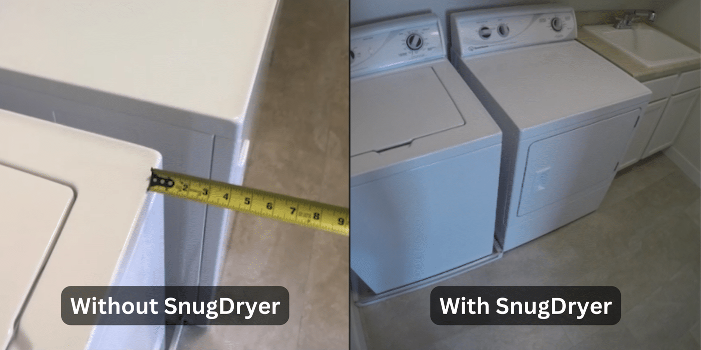 A side-by-side comparison of a washer and dryer setup with SnugDryer installed vs. without SnugDryer installed, demonstrating that, with SnugDryer, the dryer fits more closely to the wall