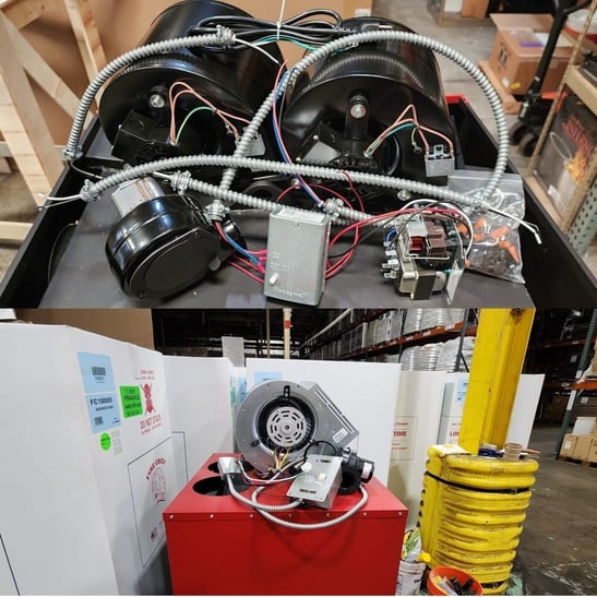 On top: the electrical components of a US Stove Hot Blast HB1520 wood burning furnace. On the bottom: the electrical components of a Fire Chief FC1000E wood burning furnace.