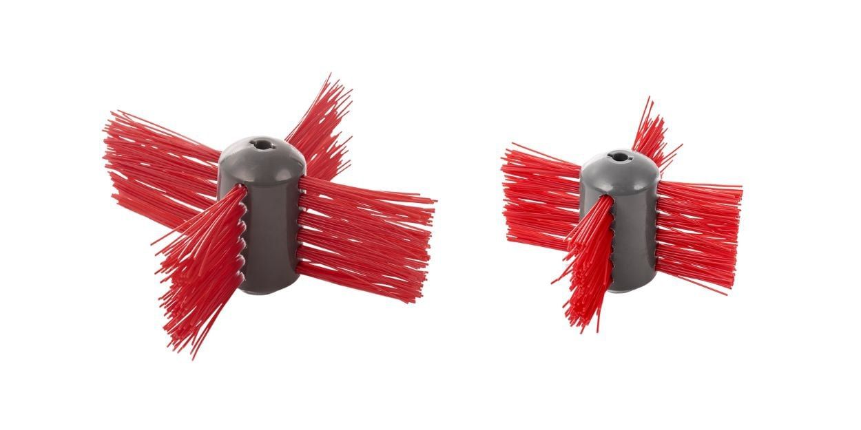 A three-inch and four-inch SootEater pellet stove cleaning brush head side by side against a white background