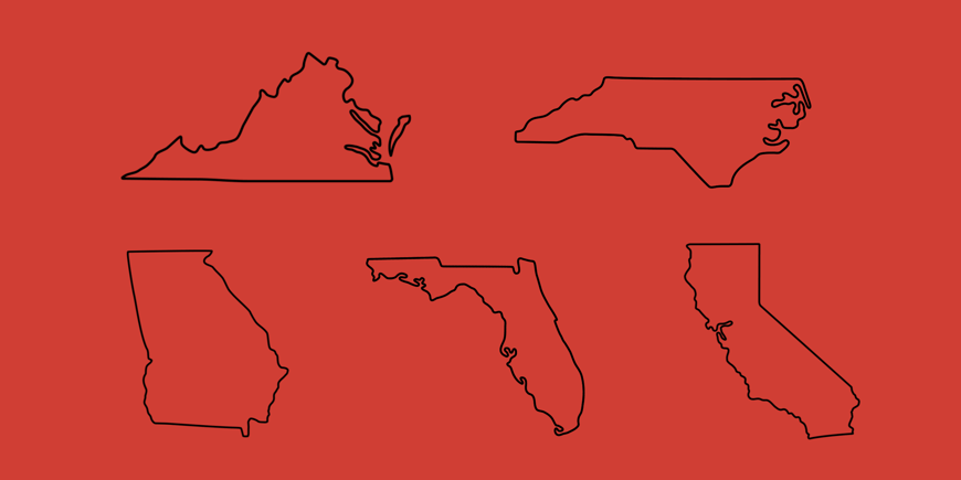 A red background with black outlines of the states of Virginia, North Carolina, Georgia, Florida, and California.