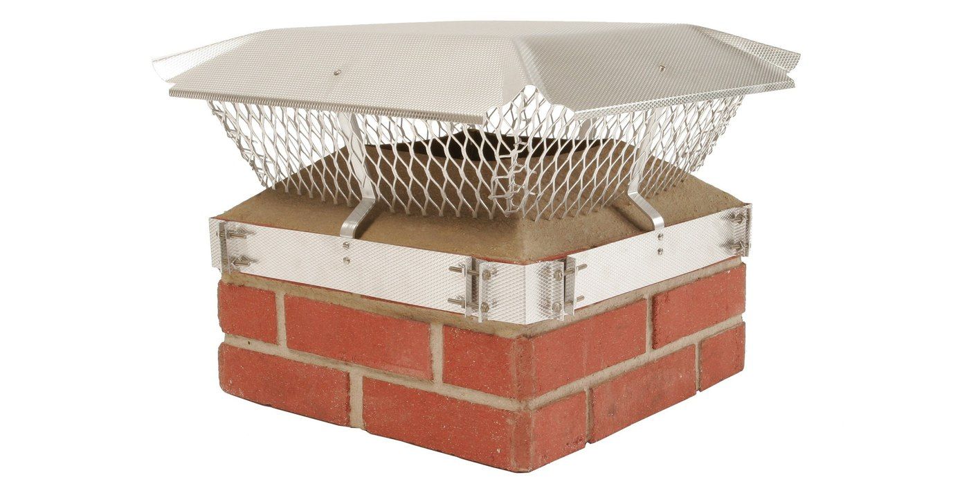 An aluminum band-around-brick chimney cap installed on a square chimney against a white background