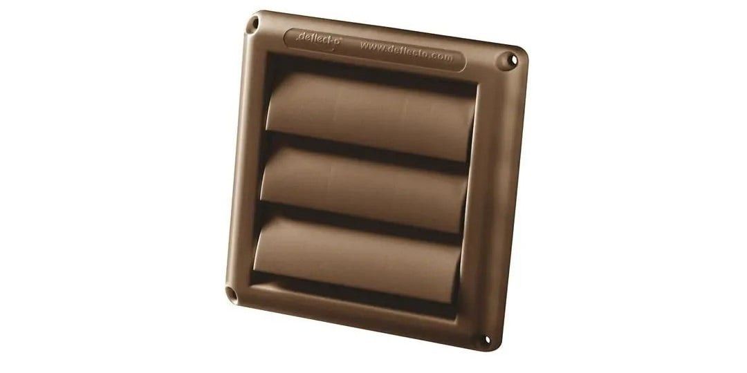 A brown Deflecto Supurr-Vent® dryer vent cover against a white background