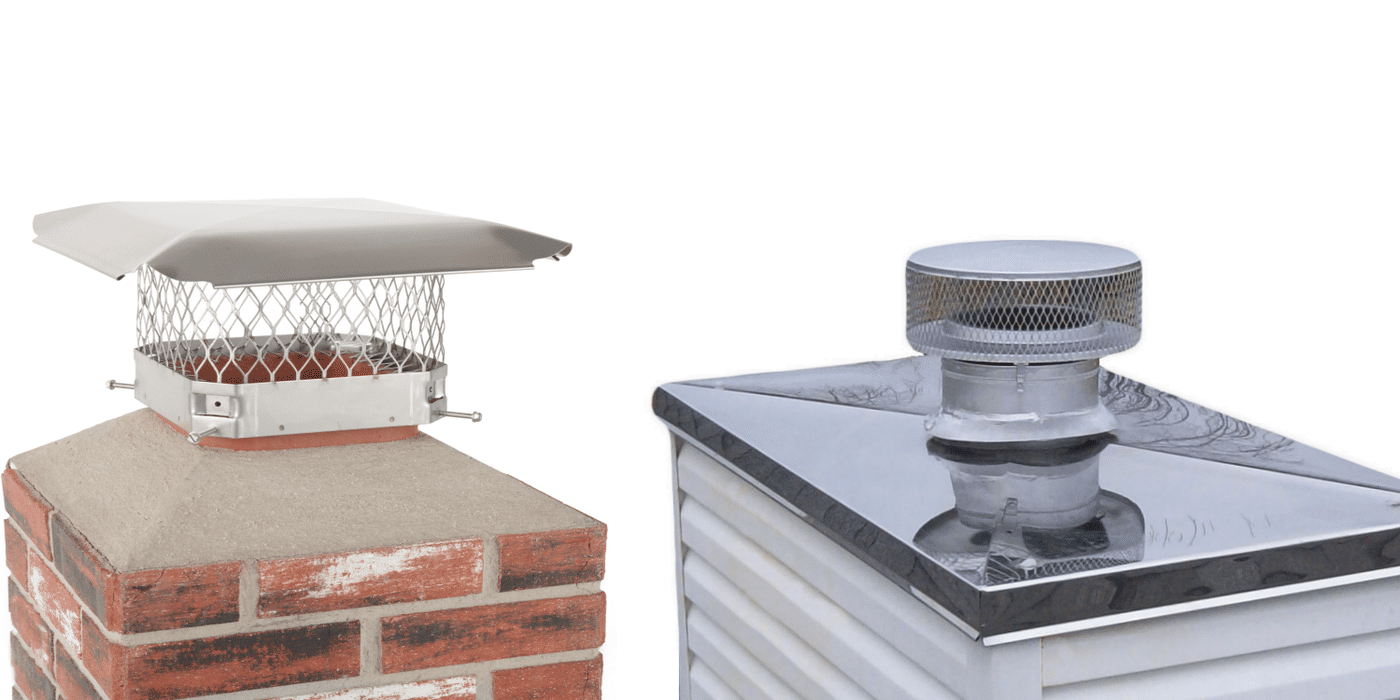 A masonry chimney with a cap on its clay flue pipe next to a prefabricated chimney with a chase cover, both against a white background