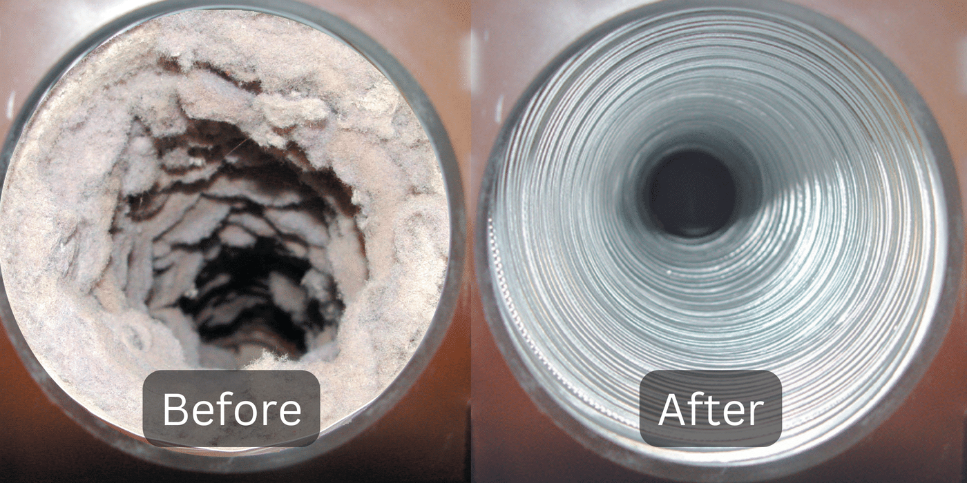 A before and after shot of a dryer vent hose when it was filled with lint and after it was cleaned