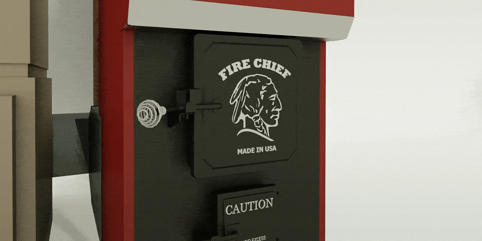 An animation of a Fire Chief wood furnace's firebox door opening with wood being thrown in and set alight.