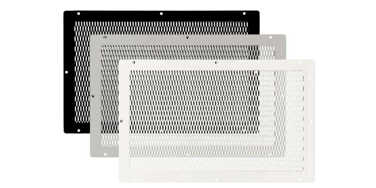 Three HY-GUARD EXCLUSION foundation vent screens — one black, one gray, and one white — stagged on each other and staggered against a white background