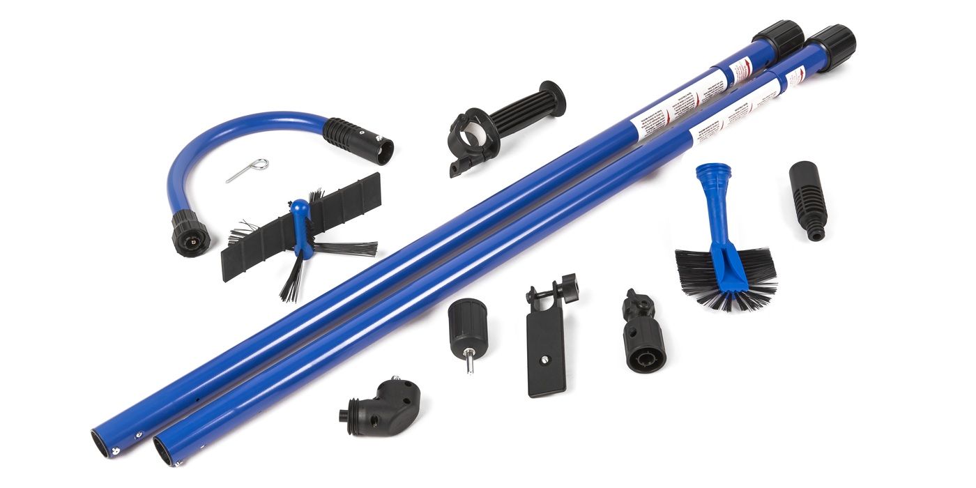 The contents of a GutterSweep rotary cleaning kit laid out next to each other against a white background.