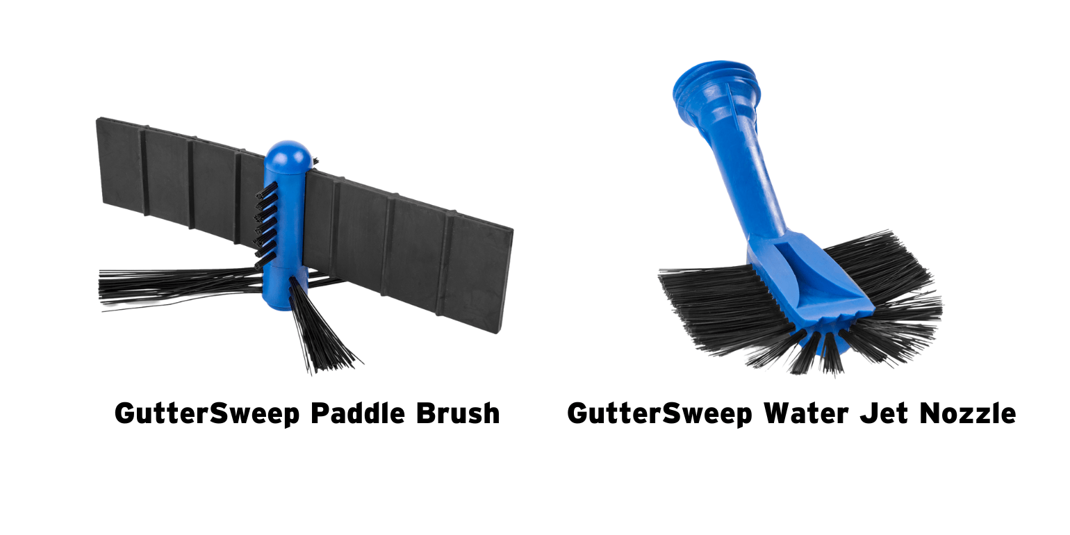 The GutterSweep's Paddle Brush attachment on the left and Water Jet Nozzle attachment on the right against a white background.