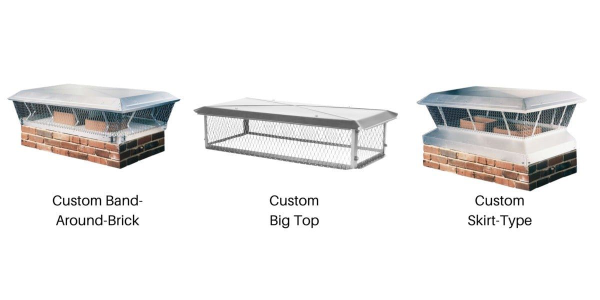 Thumbnails of a HY-C Custom Band-Around-Brick, Big Top, and Skirt-Type chimney cap all next to each other on a white background
