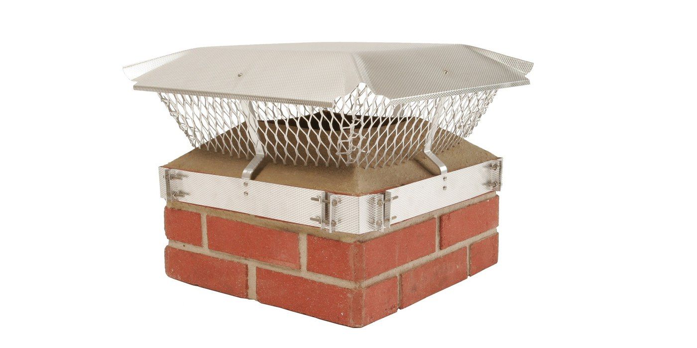 A HY-C band-around-brick chimney cap installed on a chimney on a white background