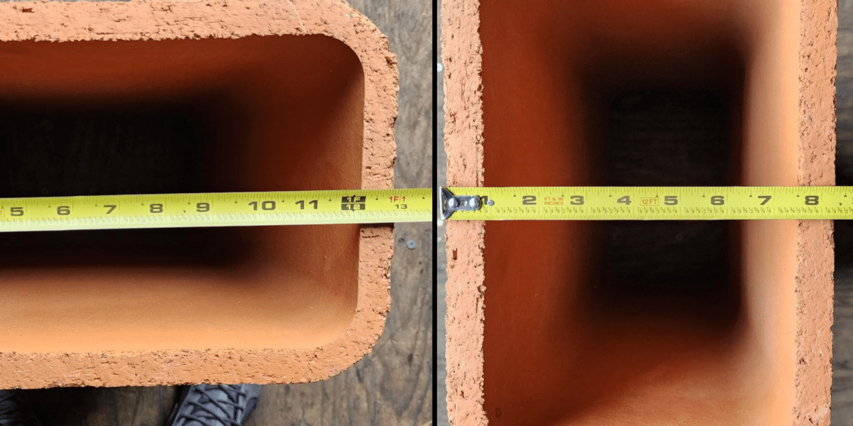 A side-by-side image of the length and width of a rectangular chimney flue being measured by a tape measure at 8.5 inches by 13 inches