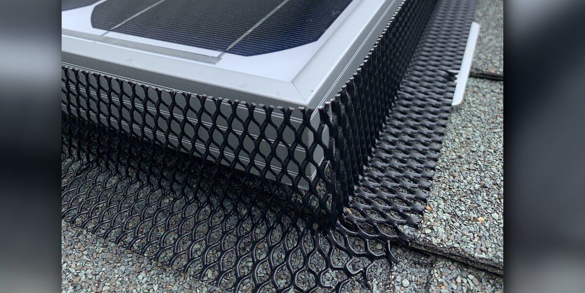 L-Mesh Pest Armor installed over the gaps of a solar panel on a roof with gray shingles