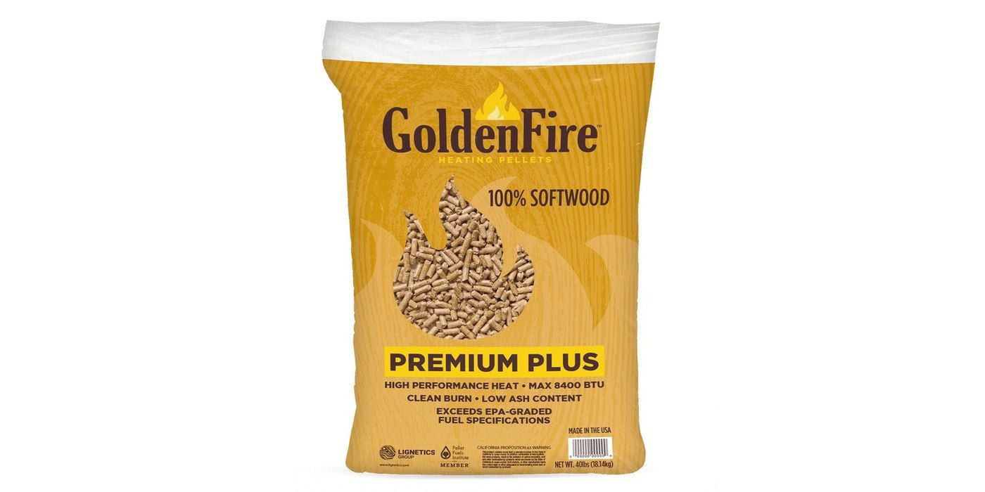 A bag of Lignetics Golden Fire Heating Pellets against a white background