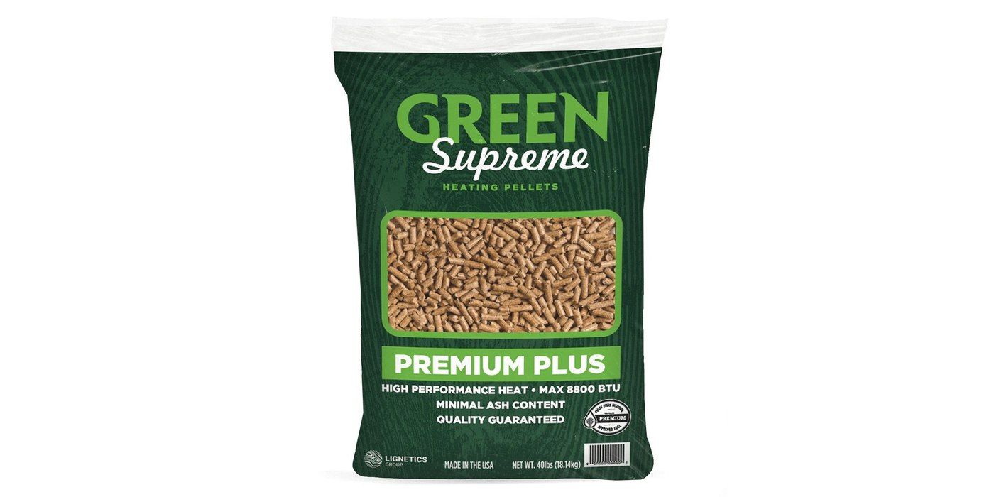 A bag of Lignetics Green Supreme Wood Pellets against a white background