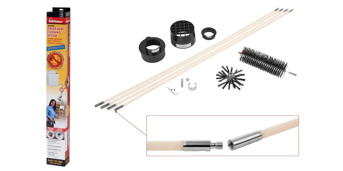 The contents of the LintEater dryer vent cleaning kit laid out next to its retail packaging against a white background