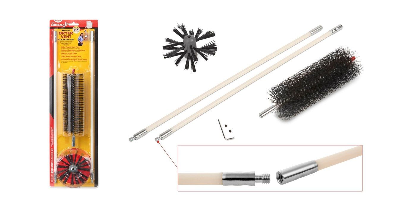 The contents of the LintEater Jr. dryer vent cleaning kit laid out next to its retail packaging against a white background