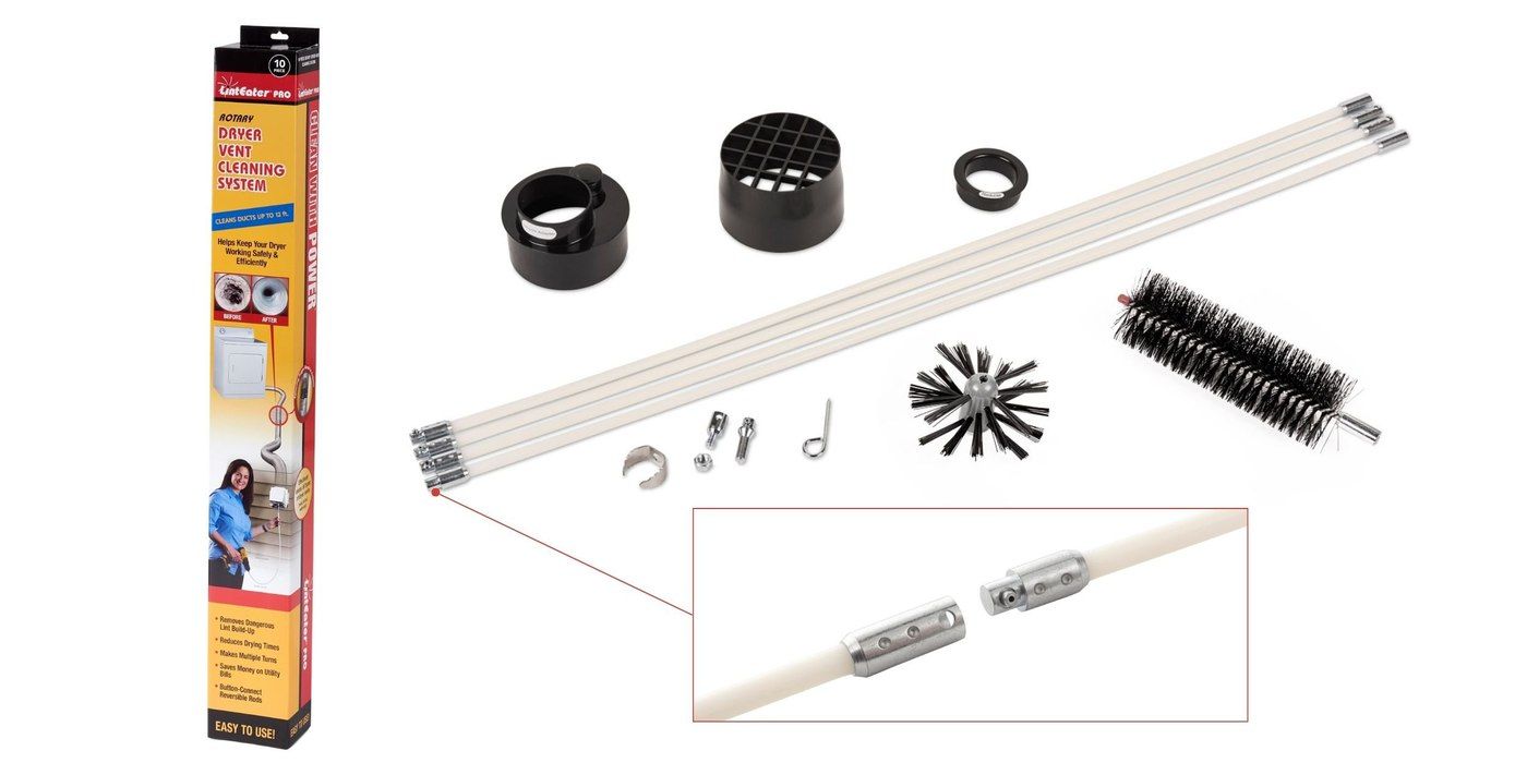 The contents of the LintEater Pro dryer vent cleaning kit laid out next to its retail packaging against a white background