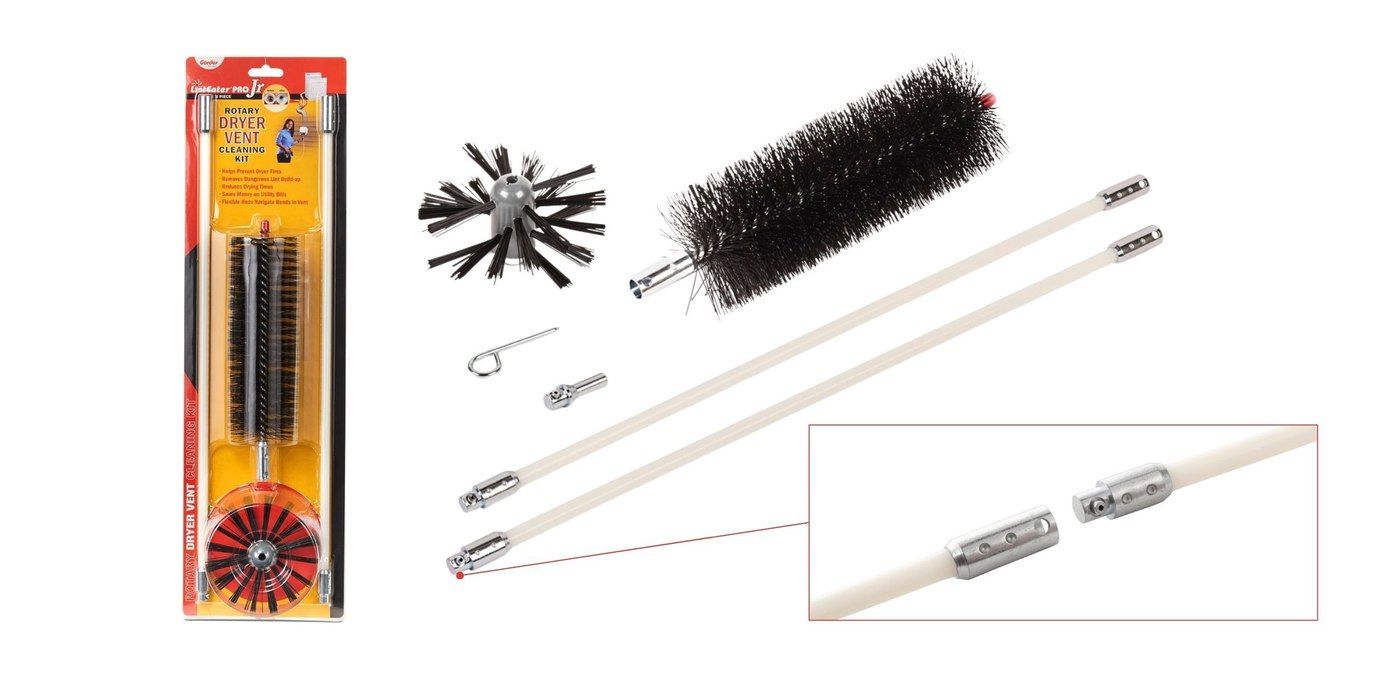 The contents of the LintEater Pro Jr. dryer vent cleaning kit laid out next to its retail packaging against a white background