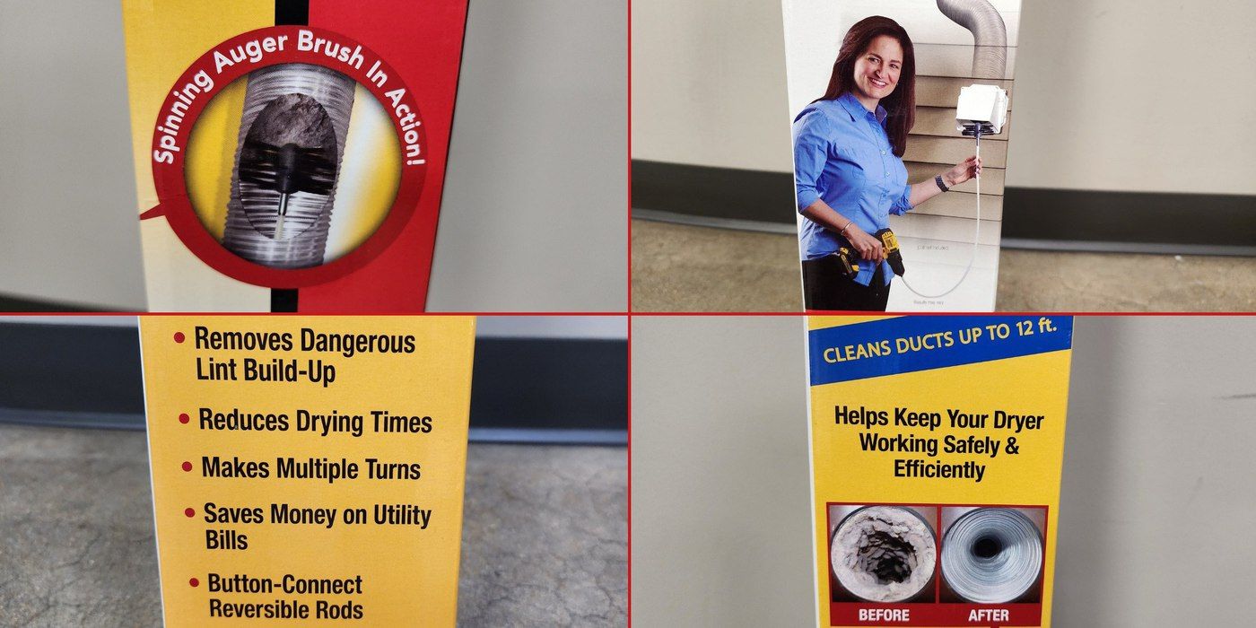A four-panel image featuring different angles of the packaging of a LintEater Pro dryer vent cleaning kit