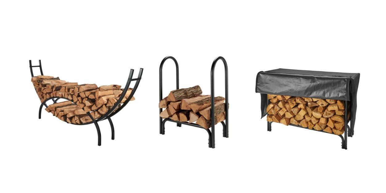 From left to right: a crescent-shaped log rack, a regular log rack, and a log rack with a cover, all loaded with firewood