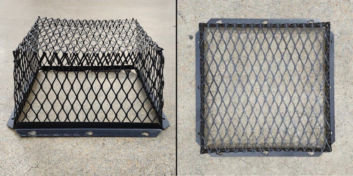 A straight-on and top-down view of HY-GUARD EXCLUSION'S 9" x 9" Roof VentGuard on a concrete floor