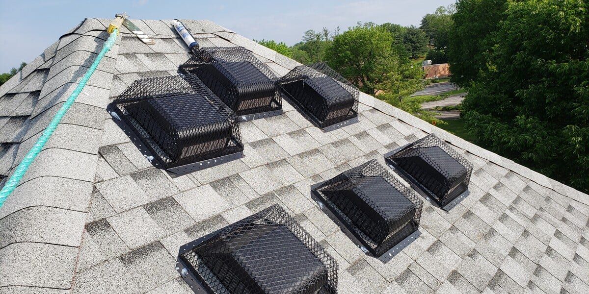 Black galvanized roof vent guards installed on a residential rooftop