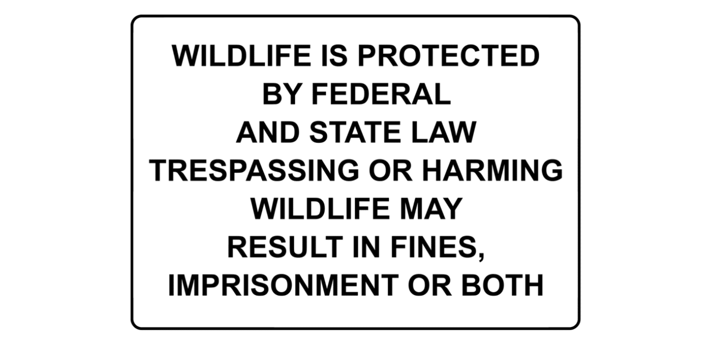 A digital sign in black text in all capital letters against a white background with a square black boarder reading, "Wildlife is protected by federal and state law. Trespassing or harming wildlife may result in fines, imprisonment, or both."
