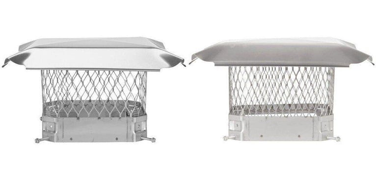 Two Draft King Stainless Steel Single-Flue Chimney Caps side by side — one with three-fourths inch mesh, and one with five-eighths inch mesh.