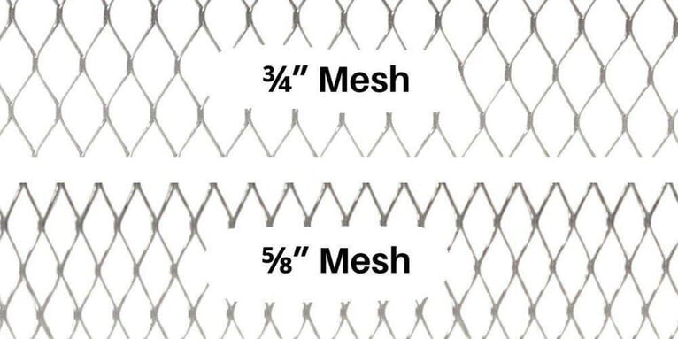 A close-up comparison of three-fourths inch and five-eighths inch chimney cap mesh. Each mesh is labeled.