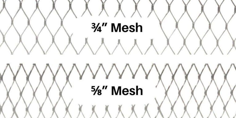 A close-up comparison of three-fourths inch and five-eighths inch chimney cap mesh. Each mesh is labeled.