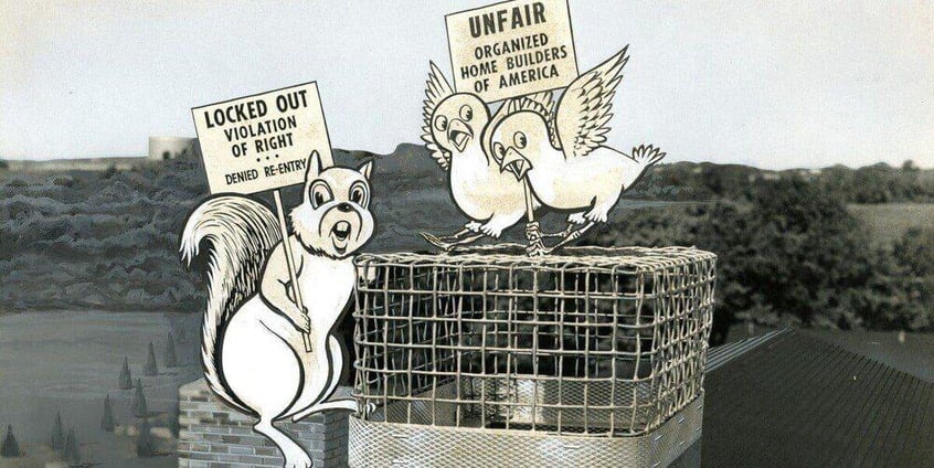 A chimney cap advertisement from the 1950s. It features cartoon cutouts of birds and squirrels attempting to access the chimney.