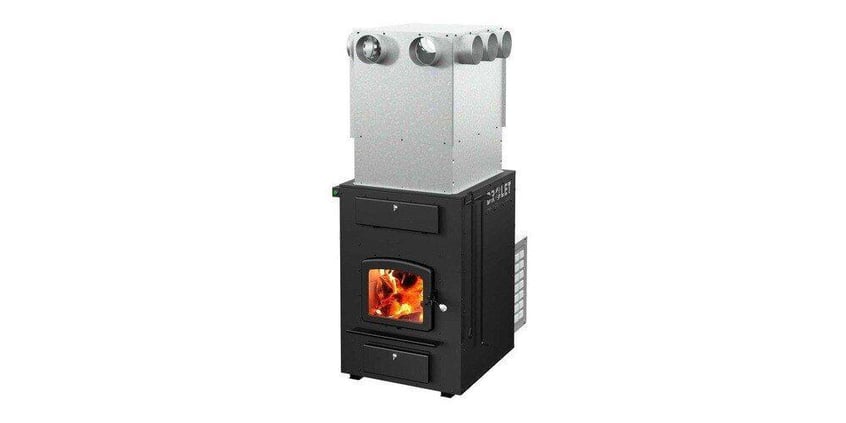 A Drolet Heat Commander wood burning furnace displayed against a white background.