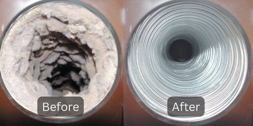 A before-and-after shot of a lint-filled dryer vent, and the same dryer vent without any lint in it.