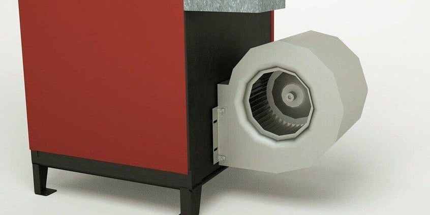 A close-up of a rendered image of the distribution blower of a Fire Chief FC1000E wood burning furnace.