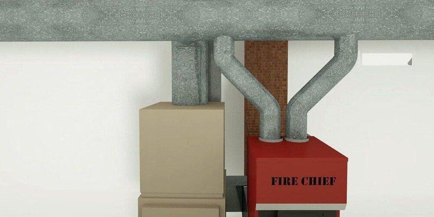 A rendered image of a Fire Chief furnace alongside a gas furnace. Both furnaces are connected to ductwork.