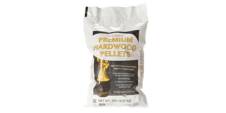 Flame Genie Premium Hardwood Pellets in their retail packaging against a white background.
