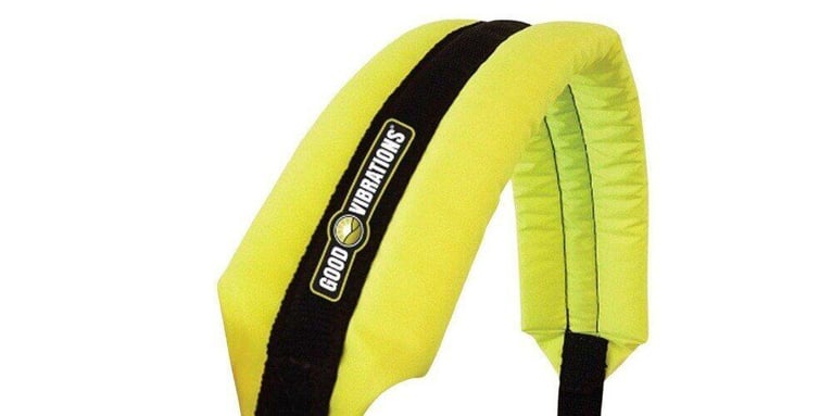 The padded shoulder strap of a Good Vibrations Zero Gravity Trimmer Strap against a white background.