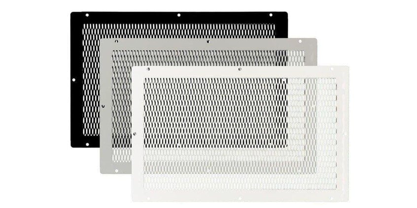 The black, gray, and white HY-GUARD EXCLUSION Foundation Vent Covers stacked on each other and displayed against a white background.