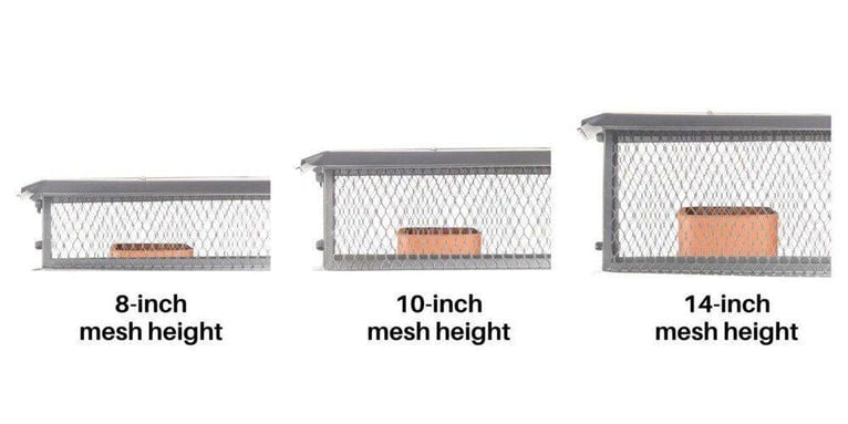 A diagram visualizing the 8-inch, 10-inch, and 14-inch heights of Draft King Big Top Multi-Flue Chimney Caps. Flues are visible through the mesh.