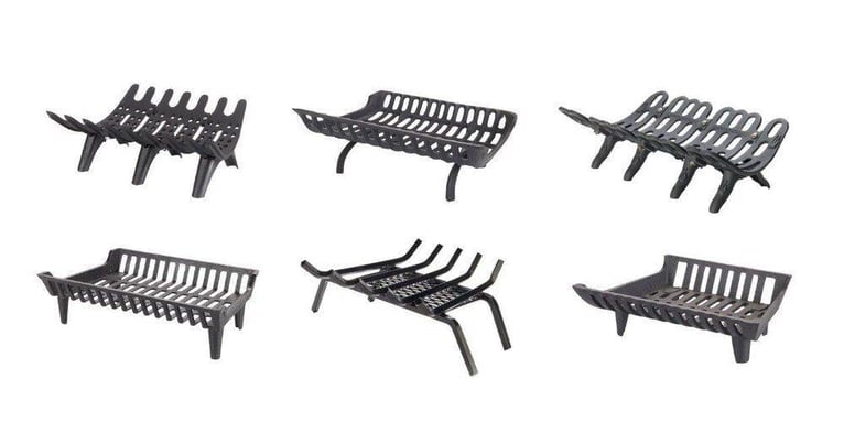 Six fireplace grates, one from each Liberty Foundry Co. fireplace grate collection, displayed against a white background.