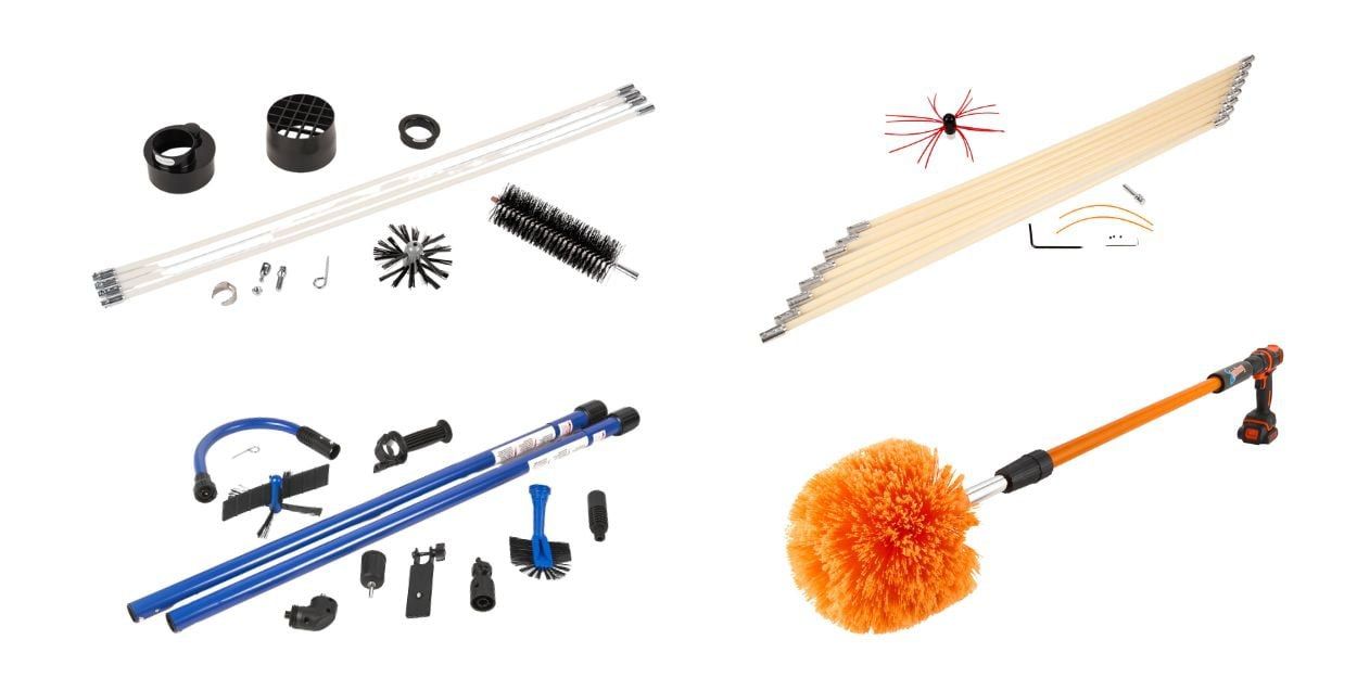 Clockwise: the contents of the LintEater dryer vent cleaning kit, the SootEater chimney cleaning kit, the GutterSweep gutters cleaning kit, and the SpinAway rotary cleaning tool
