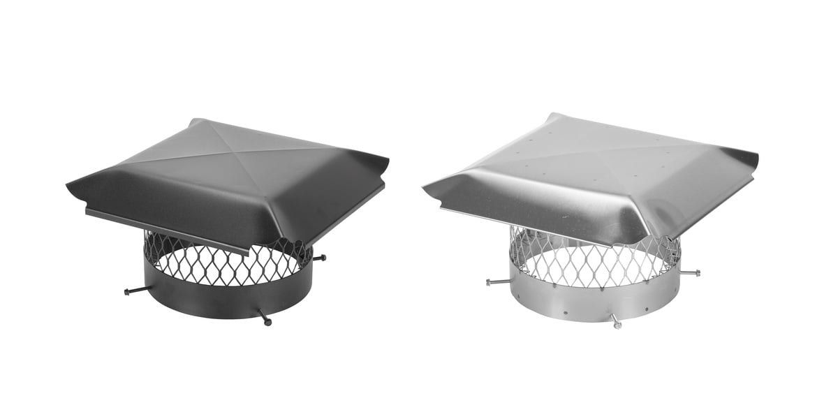 A black galvanized round chimney cap next to a stainless steel round chimney cap of the same size against a white background