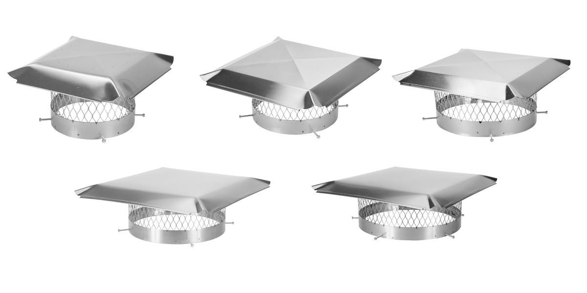 Thumbnail-style images of five different sized stainless steel round chimney caps (3 on the top row, two on the bottom) all against a white background
