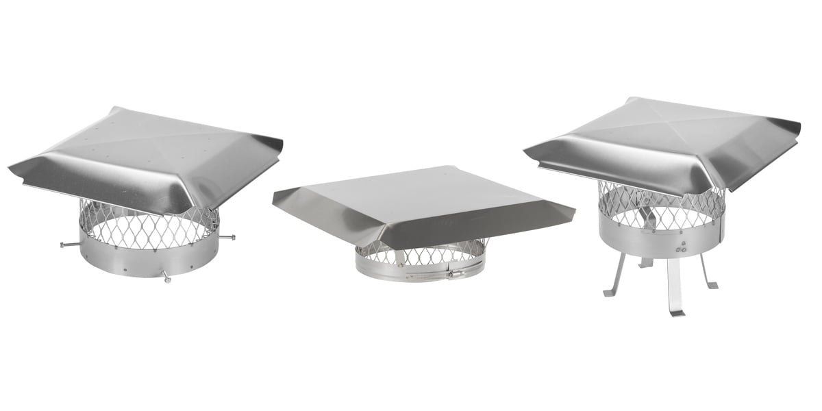 From left to right: a bolt-on round stainless steel chimney cap, a clamp-on round stainless steel chimney cap, and a slip-in round stainless steel chimney cap