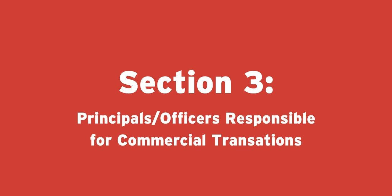 A red rectangle with white text reading, "Principals/Officers Responsible for Commercial Transactions"