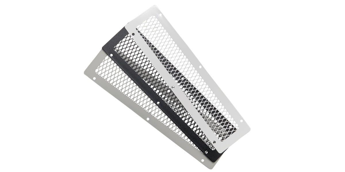A steel, black, and white HY-GUARD EXCLUSION soffit vent cover stacked on top of each other and fanned out against a white background