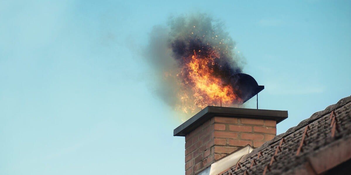 A masonry chimney emitting sparks and fire against the backdrop of a blue sky